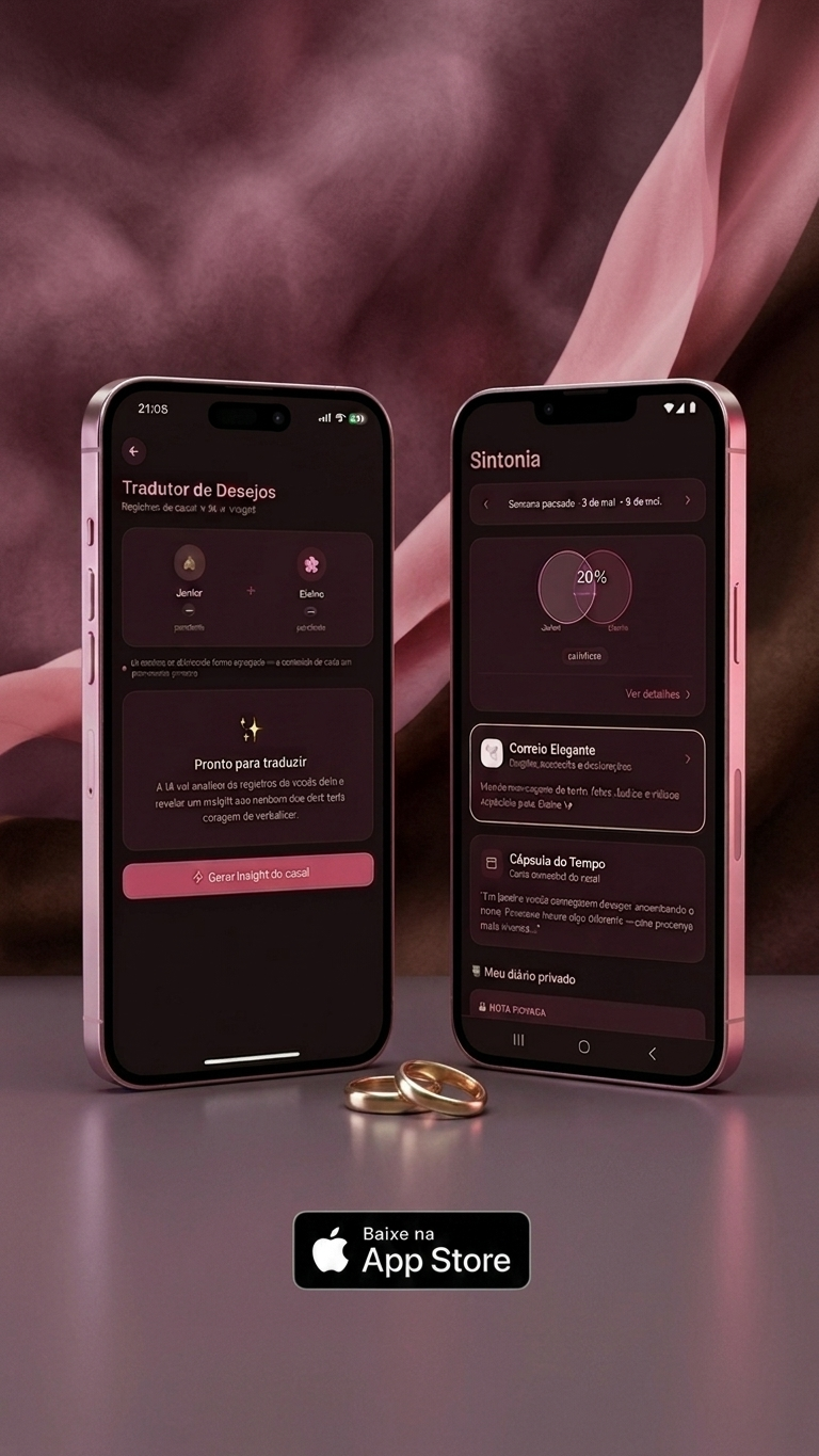 Entre Nós Dois, duas telas do app mostrando o Tradutor de Desejos e a Sintonia do casal
